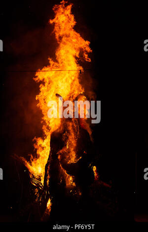 Glanusk Park, Brecon, Wales, 19. August 2018. Tag Drei der Grüne Mann Musik Festival in die Brecon Beacons Berge in Wales. Im Bild: Der riesige Grüne Mann Wicker Man leuchtet um Mitternacht am letzten Tag des Festivals. Bild: Rob Watkins/Alamy Stockfoto