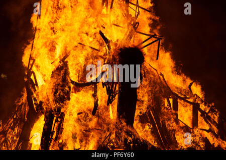 Glanusk Park, Brecon, Wales, 19. August 2018. Tag Drei der Grüne Mann Musik Festival in die Brecon Beacons Berge in Wales. Im Bild: Der riesige Grüne Mann Wicker Man leuchtet um Mitternacht am letzten Tag des Festivals. Bild: Rob Watkins/Alamy Stockfoto