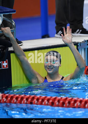 Jakarta, Indonesien. 20 Aug, 2018. Ikee Rikako von Japan reagiert nach 50 m Schmetterling Finale der Frauen im 18. asiatischen Spiele in Jakarta, Indonesien, Nov. 20, 2018. Rikako gewann die Goldmedaille. Credit: Li Xiang/Xinhua/Alamy Leben Nachrichten Quelle: Xinhua/Alamy leben Nachrichten Stockfoto
