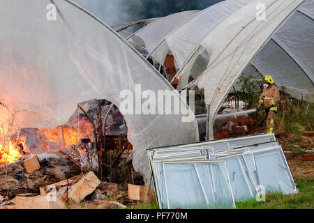 Godalming, Großbritannien. 20. August 2018. Ein wildfire brach am Nachmittag auf der Tuesley Bauernhof in Godalming, Surrey. Es dauerte zwei Stunden die Feuerwehr den Brand unter Kontrolle mit Insgesamt ein Wohnwagen zu bringen, zwei Tunneln und Ernten zerstört zu werden. Zum Glück niemand verletzt wurde oder durch das Feuer getötet. Credit: James Jagger/Alamy leben Nachrichten Stockfoto