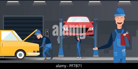 Auto Reparatur Wartung autoservice Center garage isometrische Ansicht Innenraum mit Mechanik Prüfung der Fahrzeuge Vektor-illustration aufgehoben. Stock Vektor