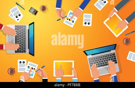 Business Workplace mit Menschen Hand, Tasse Kaffee, digitale Smartphone, Tablet, Papier und verschiedenen Büro Objekte auf dem Tisch. Flache design Vector Illustration Stock Vektor