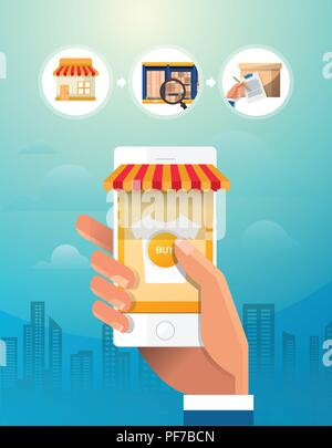 Online shopping Konzept. Hand smartphone. Stellen Sie Symbole. Flache Vector Illustration. Stock Vektor