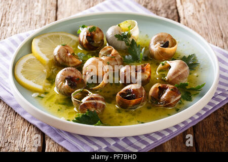 Delikatessen: essbare Schnecken, Escargot mit Butter, Petersilie, Zitrone und Knoblauch in der Nähe gekocht - bis auf einen Teller auf dem Tisch. Horizontale Stockfoto