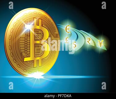 Golden bitcoin cryptocurrency, Dollar, Euro, Indische Rupie, Britisches Pfund, chinesischen Yuan, dem japanischen Yen Währung Geschäftsmodell exchange Konzepte. Vektor il Stock Vektor