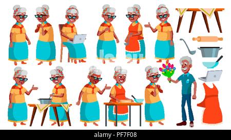 Alte Frau stellt ein Vektor. Schwarz. Afro-amerikanische. Ältere Menschen. Ältere Person. Im Alter. Aktive Großeltern. Freude. Präsentation, Einladung Design. Isolierte Cartoon Illustration Stock Vektor