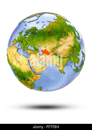 Turkmenistan über Globus mit Schatten auf weißem Hintergrund. 3D-Darstellung. Stockfoto