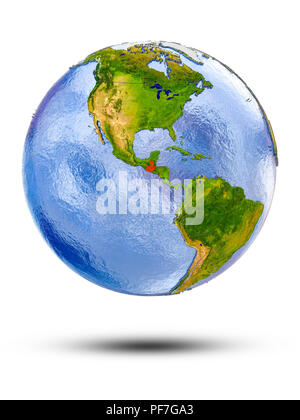 Guatemala auf Weltkugel mit Schatten auf weißem Hintergrund. 3D-Darstellung. Stockfoto