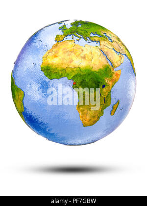 Äquatorialguinea über Globus mit Schatten auf weißem Hintergrund. 3D-Darstellung. Stockfoto