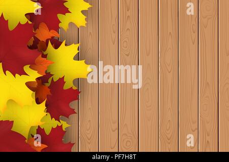 Herbst Hintergrund mit Ahorn Blätter und Holzbrett. Herbst design Vector Illustration. Der leere Raum für Ihren Text. Stock Vektor
