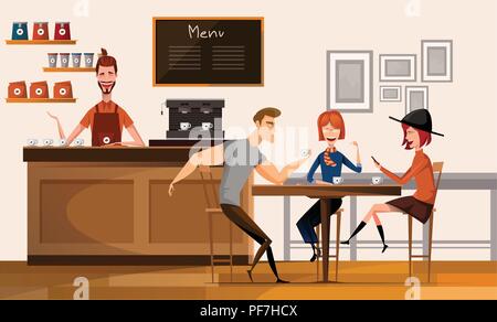 Die Menschen in der modernen Coffee Shop oder Café im Zentrum Universität Campus moderne Arbeitsplatz inneren flachen Vector Illustration. Stock Vektor