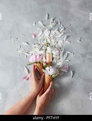 Sommer Blumen - frisch Zart rosa und weiße Pfingstrose in einem Wafer Kegel mit weiblichen Händen, Blütenblätter auf grauem Marmor tisch. Für Text, Ansicht von oben. Anhand von quantitativen Simulatio Stockfoto