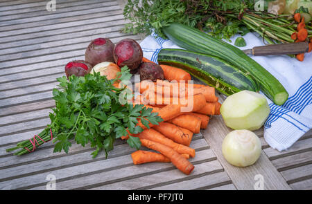 Bio Gemüse für die Suppe, auf Holz Tisch zubereitet Stockfoto