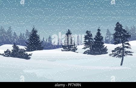 Urlaub Winter Landschaft Hintergrund mit Pinien auf blauen Himmel mit Schneefall, Vektor, Abbildung Stock Vektor