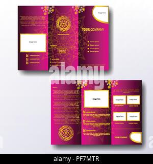Rosa gefärbte tri Design Broschüre Falten mit Mandala art Illustration Stock Vektor