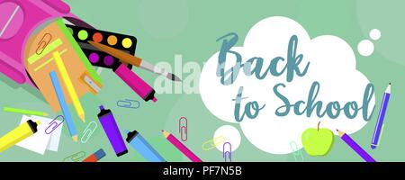 Zurück zu Schule Stifte banner horizontal, flacher Stil Stock Vektor