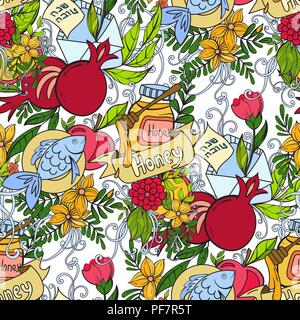 Rosch Haschanah das Jüdische Neue Jahr nahtlose Muster mit Äpfel, Granatäpfel, Honig und Grußkarten. Bunter Hintergrund. Vector Illustration. Hebräische Text Frohes neues Jahr. Stock Vektor
