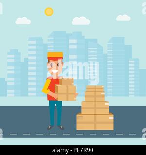 Logistik und Lieferung Service Konzept: lächelnde Kuriere mit Paketen und der Stadt. Post creative Icons Design. Vektor Flachbild illustra Stock Vektor