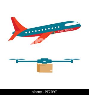 Logistik und Lieferung Symbol Service der Helikopter mit Paket und Ebene isoliert auf weißem Hintergrund. Postal service Kreative drone Design. Vektor f Stock Vektor