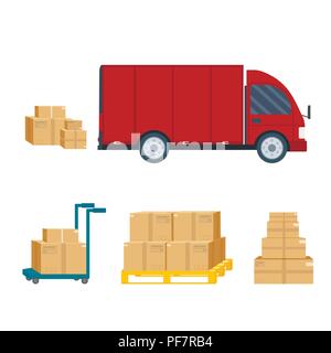 Logistik und Lieferung Service Set: Lkw mit Paketen, Hubschrauber, Scooter, Flugzeug, Gütertransporte, van. Post creative Icons Design. Vektor Stock Vektor