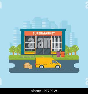 Vektor flache Bauform Restaurants und Geschäfte Fassade: Supermarkt. Speichern Sie das vordere Fenster Gebäude Symbol mit der Stadt im Hintergrund. Stock Vektor
