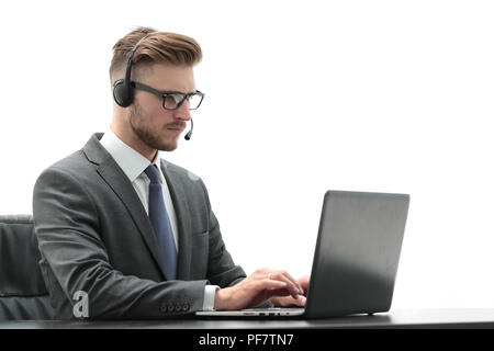 Aufmerksame Geschäftsmann Hören von Audio Business Kurs Stockfoto