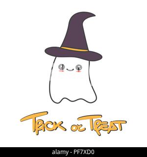 Süße Hand gezeichnet Schriftzug Trick oder Halloween Vektor Karte mit schönen Ghost behandeln Stock Vektor