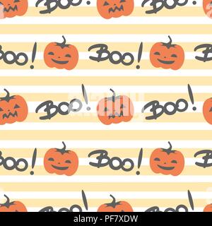 Cute Halloween nahtlose Vektor Muster Hintergrund Abbildung mit gruseligen Kürbisse und handgezeichneten Schriftzug buh Wort Stock Vektor