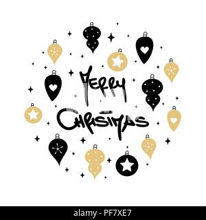 Nette Begrüßung mit handschriftlichen modernen Schriftzug frohe Weihnachten text und Weihnachten gold und schwarz Kugeln Stock Vektor