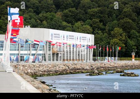 Aarhus, Dänemark - 10 August 2018: Aarhus International Sailing Center während der Segel WM 2018 in Dänemark Stockfoto