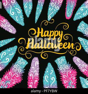 Happy Halloween card. Beschriftung der Inschrift. Handzeichnung Ornament von Federn auf dunklem Hintergrund. Stock Vektor