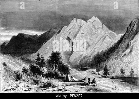 Schwarz und Weiß Vintage Print, ein Paar der indigenen Völker in der Nähe der Zelte im Vordergrund sitzt, mit Kalkstein Felsen im Hintergrund, in den die Grube River Region, auf die Berge der Sierra Nevada in Kalifornien, USA, durch R Swain Gifford eingraviert und in einer bearbeiteten Band William Cullen Bryant "Malerischen Amerika; oder, in das Land, in der wir Leben", 1872 veröffentlicht. Mit freundlicher Genehmigung Internet Archive. () Stockfoto