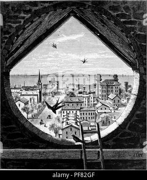 Schwarz und Weiß Vintage Print, um einen Blick auf die Stadt von Sandusky, hin zum Lake Erie suchen, aus einem Fenster in der St. Pauls Kirche, in Sandusky, Ohio, USA, in einer bearbeiteten Band William Cullen Bryant "Malerischen Amerika; oder, in das Land, in der wir Leben", 1872 veröffentlicht. Mit freundlicher Genehmigung Internet Archive. () Stockfoto