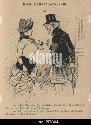 Vintage Gravur eines viktorianischen Cartoon des alten Mannes propositioning eine junge Frau, 1880, Deutsch Stockfoto