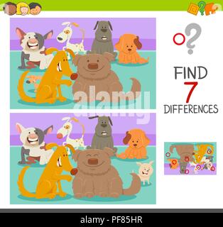 Cartoon Illustration des Findens Sieben Unterschiede zwischen Bilder Lernspiel für Kinder mit Hund oder Hund Zeichen Stock Vektor