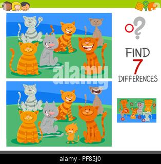 Cartoon Illustration des Findens Sieben Unterschiede zwischen Bilder Lernspiel für Kinder mit Katze oder Kätzchen Zeichen Stock Vektor