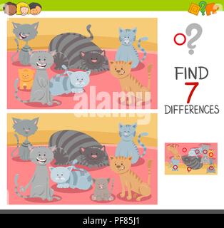 Cartoon Illustration des Findens Sieben Unterschiede zwischen Bilder Lernspiel für Kinder mit Katze Zeichen Stock Vektor