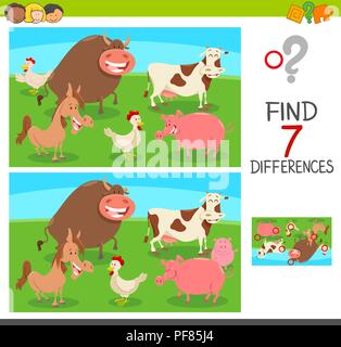 Cartoon Illustration des Findens Sieben Unterschiede zwischen Bilder Lernspiel für Kinder mit Nutztieren Stock Vektor