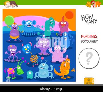 Cartoon Illustration der pädagogischen Tätigkeit zählen Spiel für Kinder mit Monster Fantasy Figuren Stock Vektor