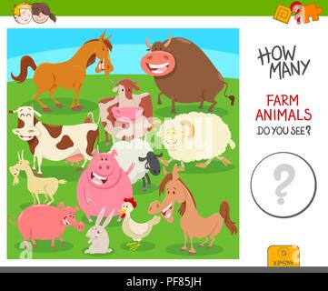 Cartoon Illustration der pädagogischen Tätigkeit zählen Spiel für Kinder mit Farm Animal Zeichen Stock Vektor