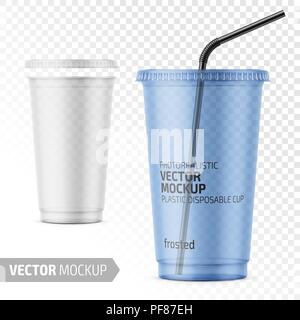 Einweg Plastikbecher mit Deckel und Stroh. Stock Vektor