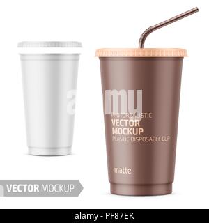 Weiß Einweg Plastikbecher mit Deckel und Stroh. Stock Vektor