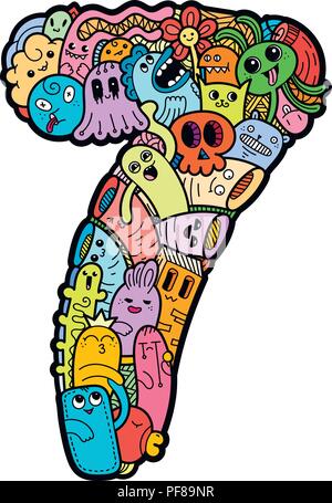 Nummer sieben. Hand doodled Kinder Zahlen gezogen. Cute monstred Zahlen, mathematische Symbole. Vector Illustration für Web, Design, Dekoration, Bildung, Drucke Stock Vektor