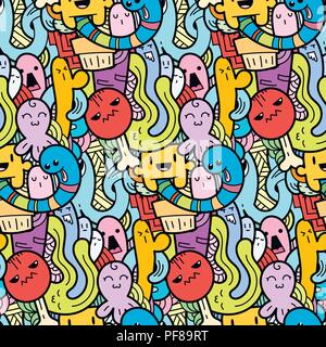 Lustige doodle Monster nahtlose Muster für Drucke, Designs und Malbücher. Vector Illustration Stock Vektor