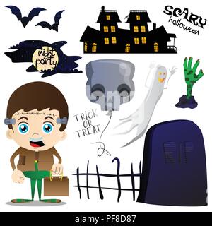 Vektor für Halloween in lebendigen farbenfrohen Cartoon Stil. Abbildung: Zeichen und Symbole auf weißem Hintergrund. Kid in Kostümen, Fledermäuse, Ghost und Stock Vektor
