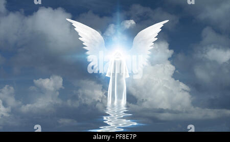 Abbildung in Weiß Mantel steht vor winged Star in bewölkten Himmel Stockfoto