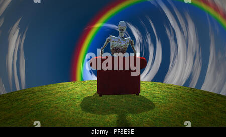 Surreale Szene. Verrostete alien Roboter sitzt in roten Sessel vor dem Tunnel von Wolken. 3D-Rendering Stockfoto