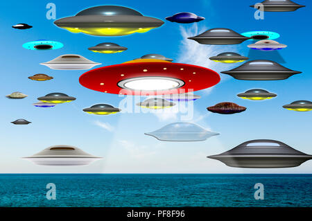 Digital verbesserte Bild von Alien Invasion. Fliegende Untertassen schweben über den Ozean. Die Chance, etwas vom Mars kommen eine Million zu eins. Aber Stockfoto