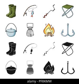 Haken, Haken, Mesh, Caster. Angeln Sammlung Icons in Schwarz, Cartoon Stil vektor Symbol lieferbar Abbildung. Stock Vektor