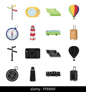 Urlaub, Reise, Leuchtturm, Kompass. Rest in Schwarz, Cartoon Stil vektor Symbol lieferbar Abbildung Sammlung Icons fahren. Stock Vektor
